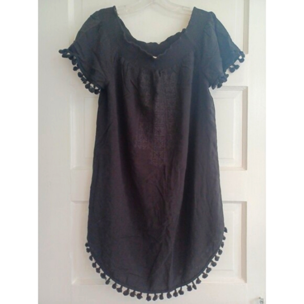 Merona black swimsuit coverup dress S/M embroidery pompom trim boho peasant